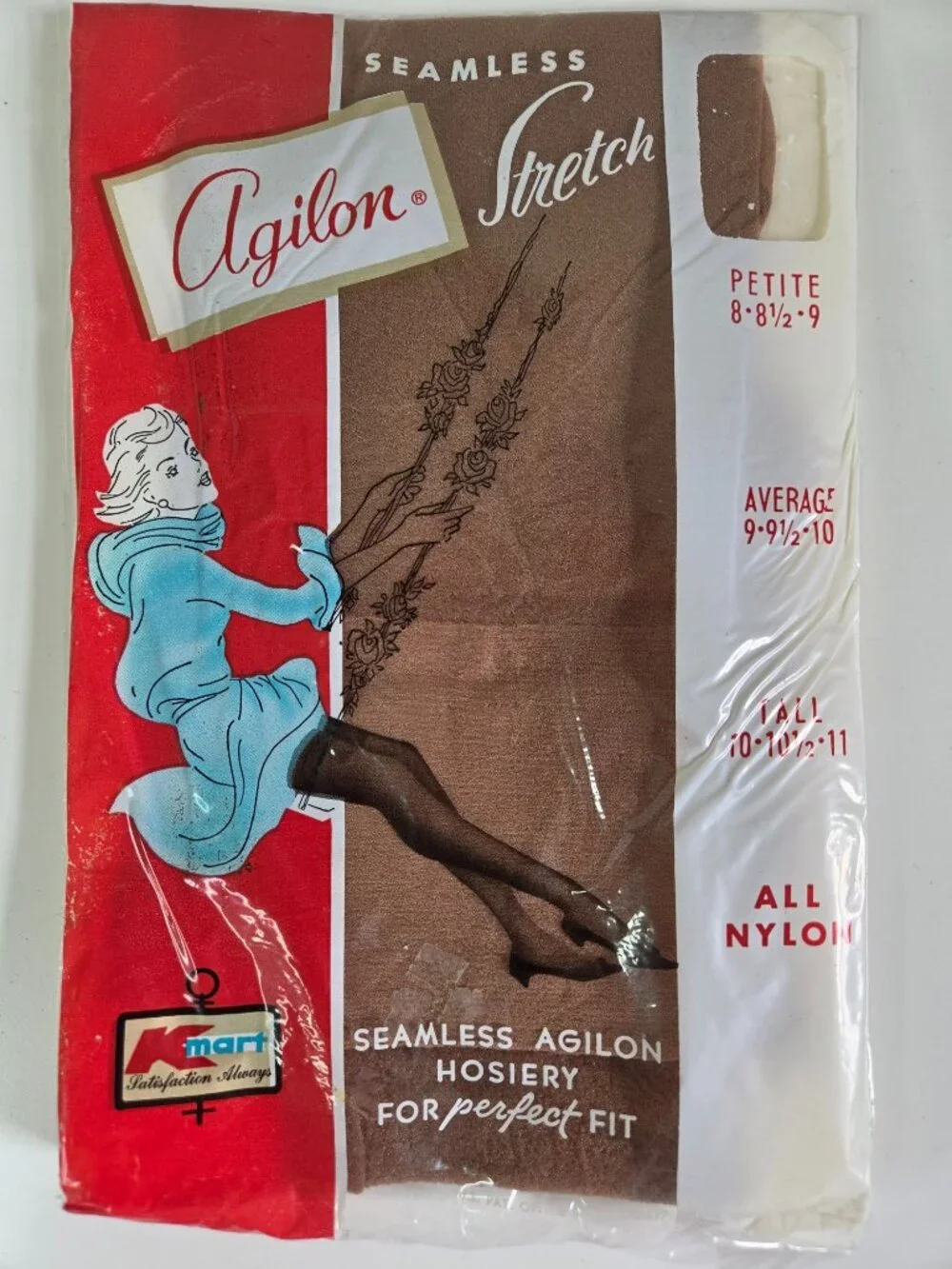 Vtg Kmart Agilon Seamless Stretch Nylon Hosiery Size Petite 8-9 Retro Packaging